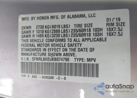 2019 Honda Odyssey Lx from USA, damaged, VIN 5FNRL6H20KB074790